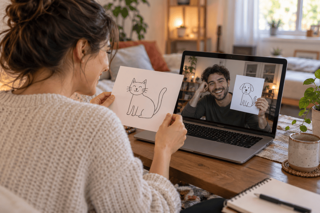 Un couple joue à un jeu de dessin pendant un appel vidéo.