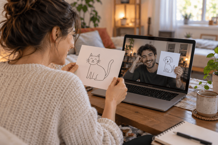 Un couple joue à un jeu de dessin pendant un appel vidéo.