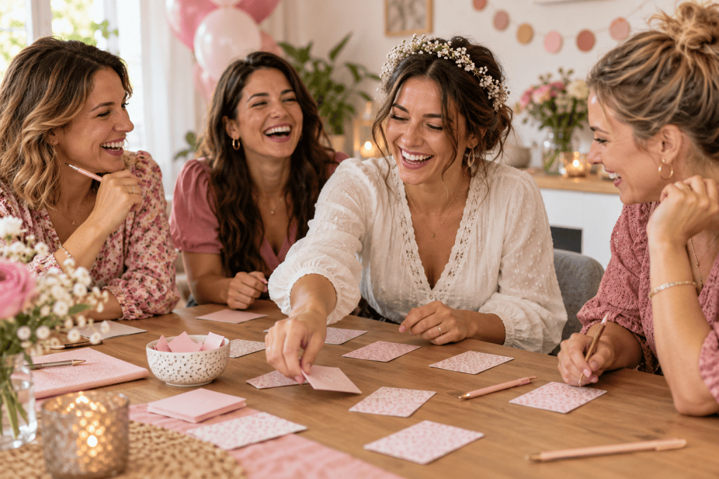 Quatre amies jouent avec des cartes lors d’un enterrement de vie de jeune fille.