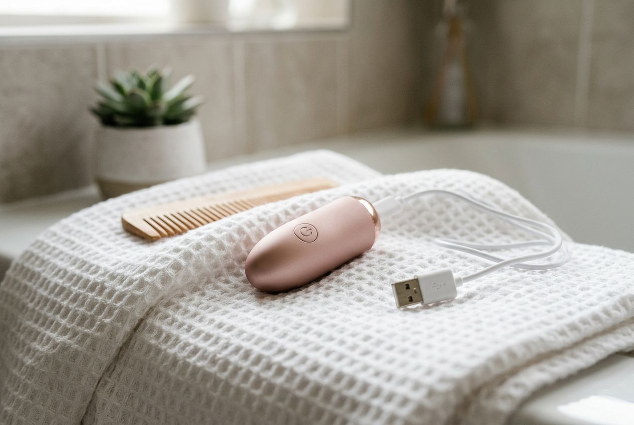 Mini vibro rechargeable et étanche, posé sur une serviette avec un chargeur USB